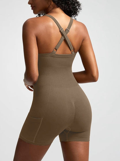 BUYCO Female Ribbed Pocket Cross Back Ruched Back Seamless Romper