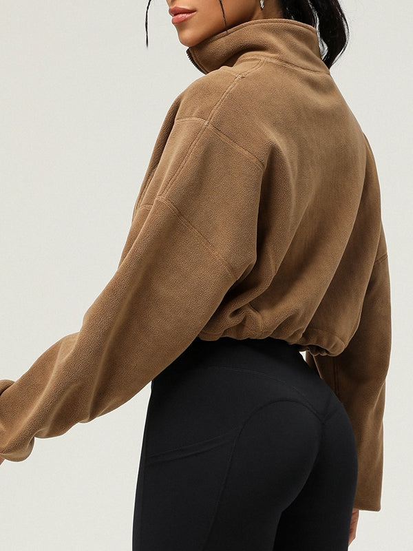 BUYCO Female Fleece Half Zipper Drawstring Cropped Hoodie