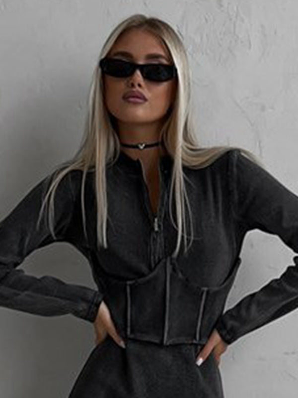 BUYCO Female Denim Zipper Corset Hoodie