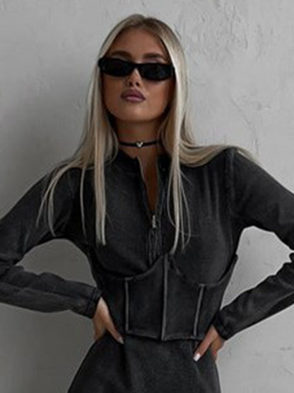 BUYCO Female Denim Zipper Corset Hoodie