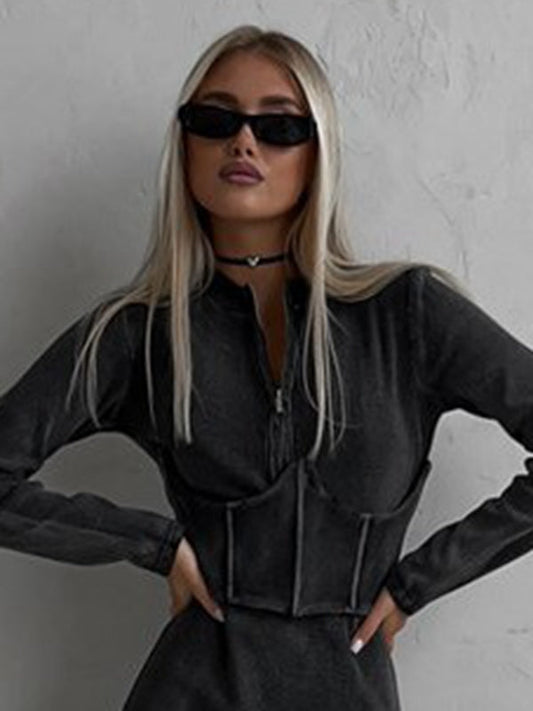 BUYCO Female Denim Zipper Corset Hoodie