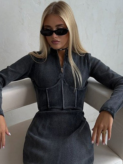BUYCO Female Denim Zipper Corset Hoodie
