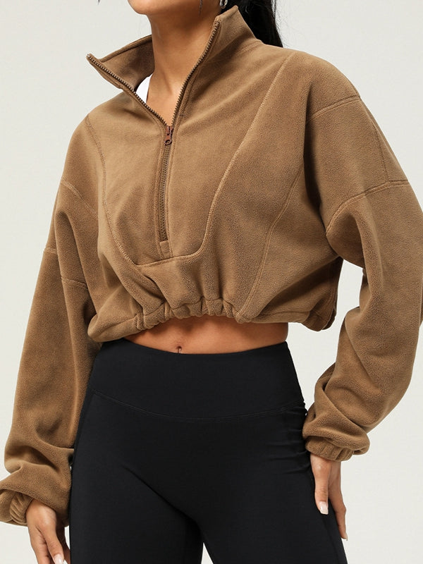 BUYCO Female Fleece Half Zipper Drawstring Cropped Hoodie