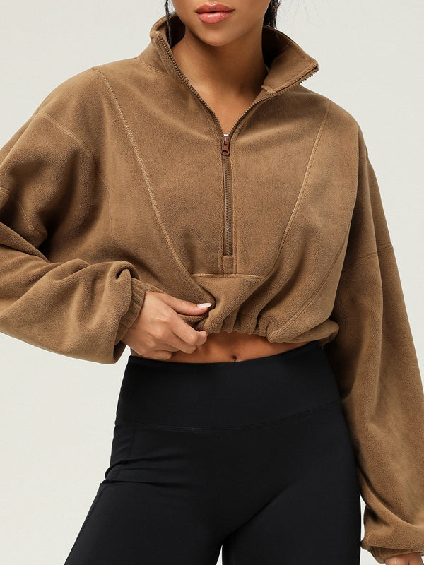 BUYCO Female Fleece Half Zipper Drawstring Cropped Hoodie
