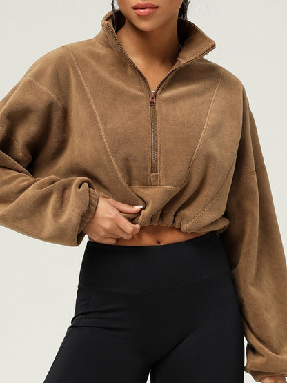 BUYCO Female Fleece Half Zipper Drawstring Cropped Hoodie