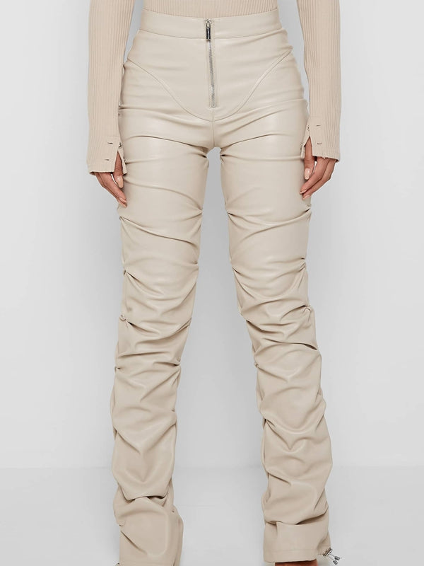 BUYCO Female Faux Leather Folds Zipper Fashion Leggings