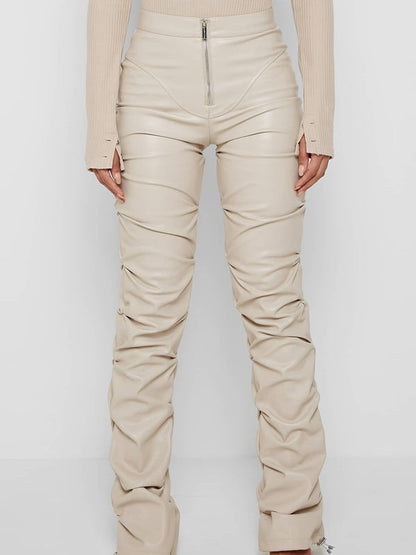 BUYCO Female Faux Leather Folds Zipper Fashion Leggings