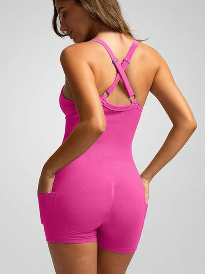 BUYCO Female Ribbed Pocket Cross Back Ruched Back Seamless Romper