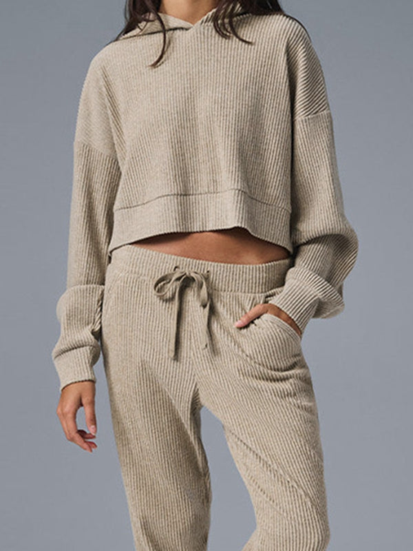 BUYCO Female Velvet Ribbed Pocket Hooded Tracksuit