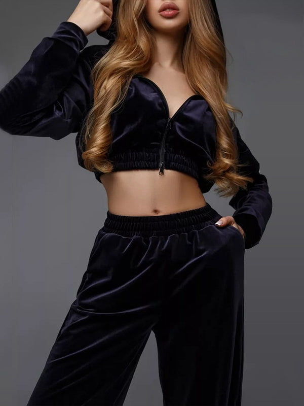 BUYCO Female Velvet Zipper Pocket Hooded Casual Cropped Tracksuit