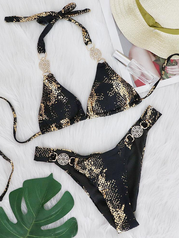 BUYCO Female Snake Print Faux Leather Bikini Set