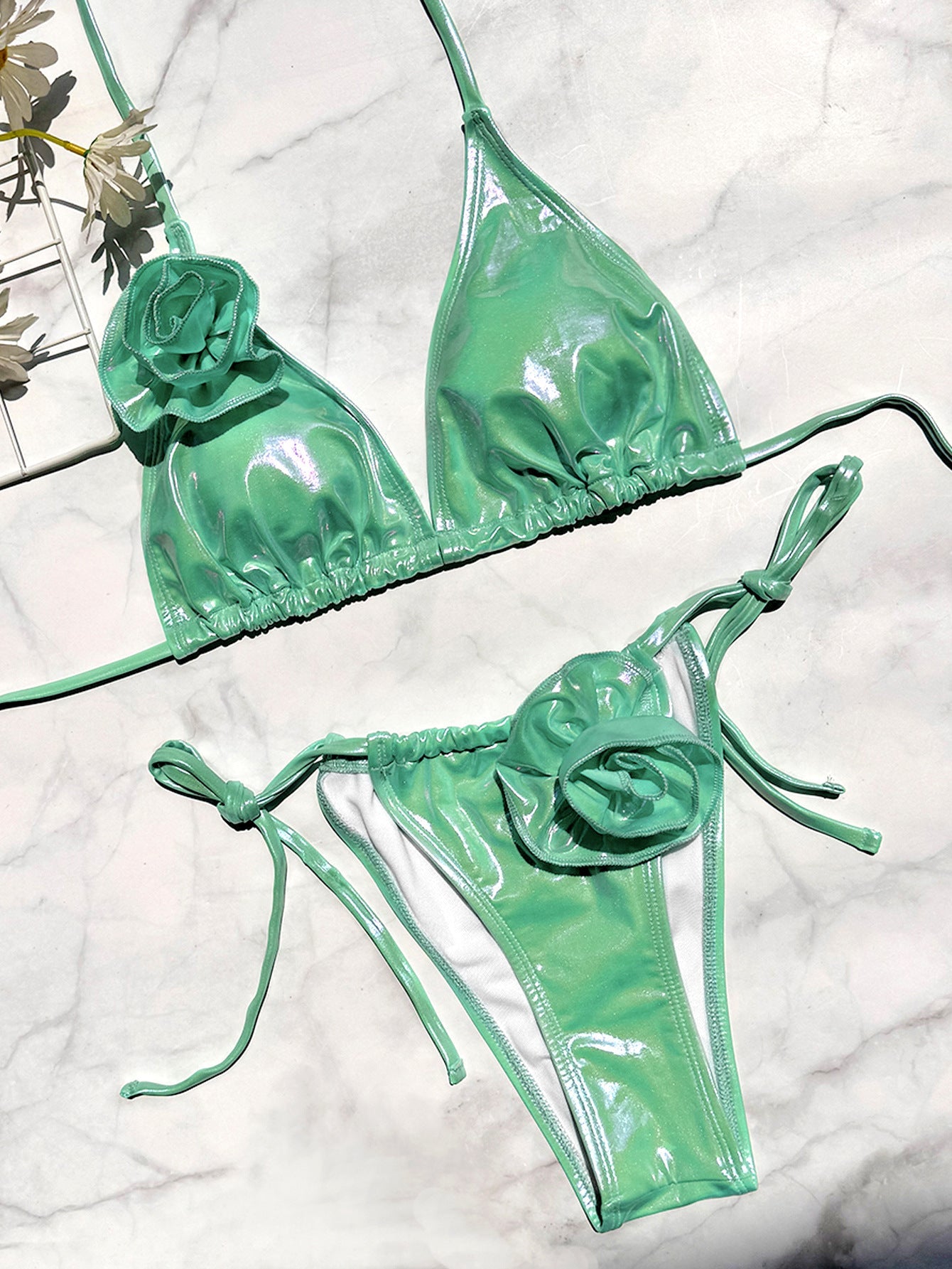 BUYCO Female Glossy PU Flower Bikini Set