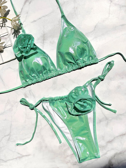 BUYCO Female Glossy PU Flower Bikini Set