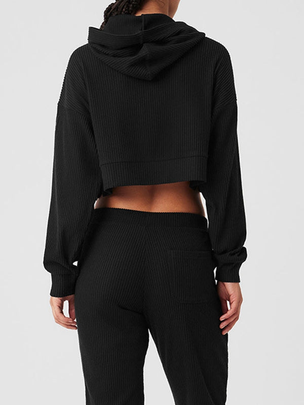 BUYCO Female Velvet Ribbed Pocket Hooded Tracksuit