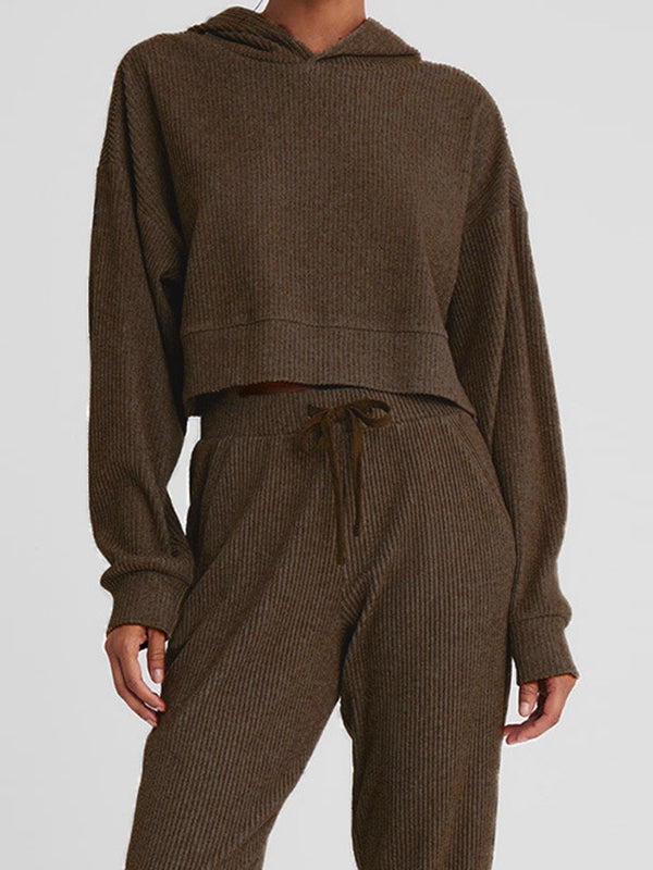 BUYCO Female Velvet Ribbed Pocket Hooded Tracksuit