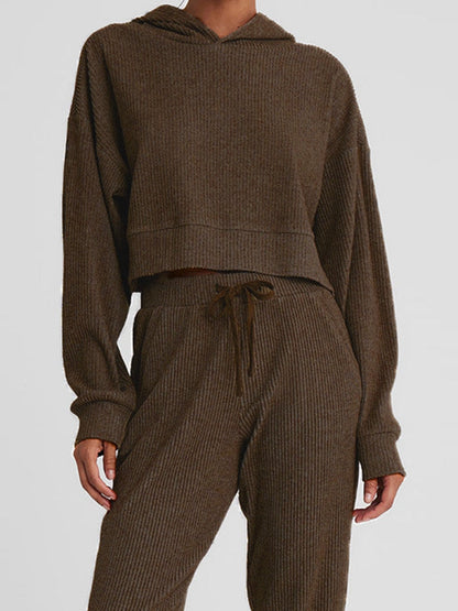 BUYCO Female Velvet Ribbed Pocket Hooded Tracksuit
