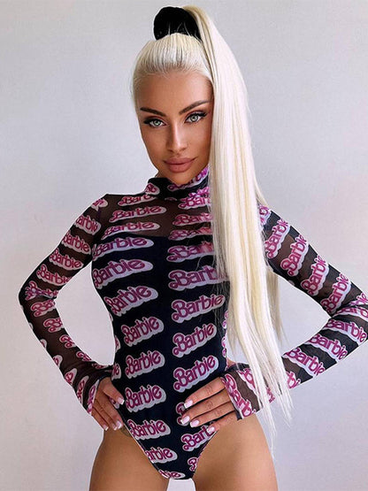 BUYCO Female "Barbie Print" Mesh Thumbhole Bodysuit