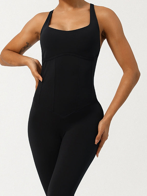 BUYCO Female Cross Back Hollow Out Adjustable Strap Backless Corset Quick Dry Jumpsuit