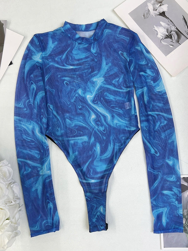BUYCO Female Fitted Modern Tie-dye Print Sheer Mesh Bodysuit