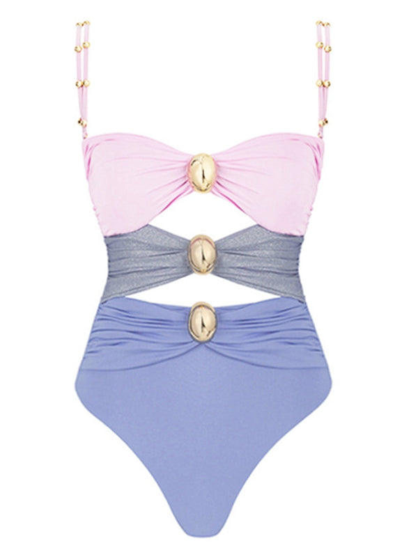 BUYCO Female Contast Color Unique Cutout  Button One Piece