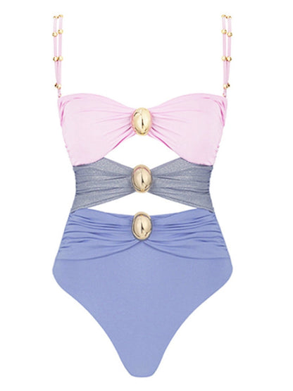 BUYCO Female Contast Color Unique Cutout  Button One Piece