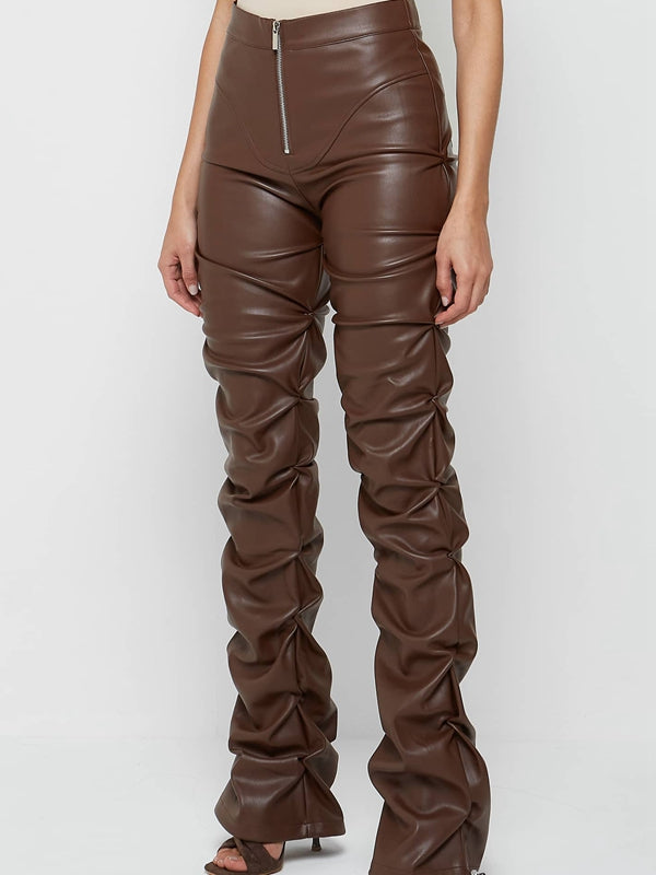 BUYCO Female Faux Leather Folds Zipper Fashion Leggings