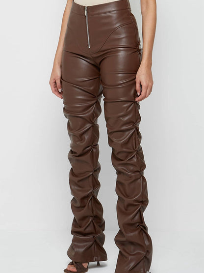 BUYCO Female Faux Leather Folds Zipper Fashion Leggings