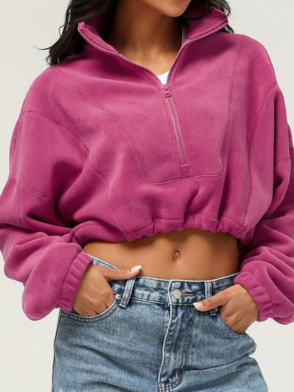 BUYCO Female Fleece Half Zipper Drawstring Cropped Hoodie