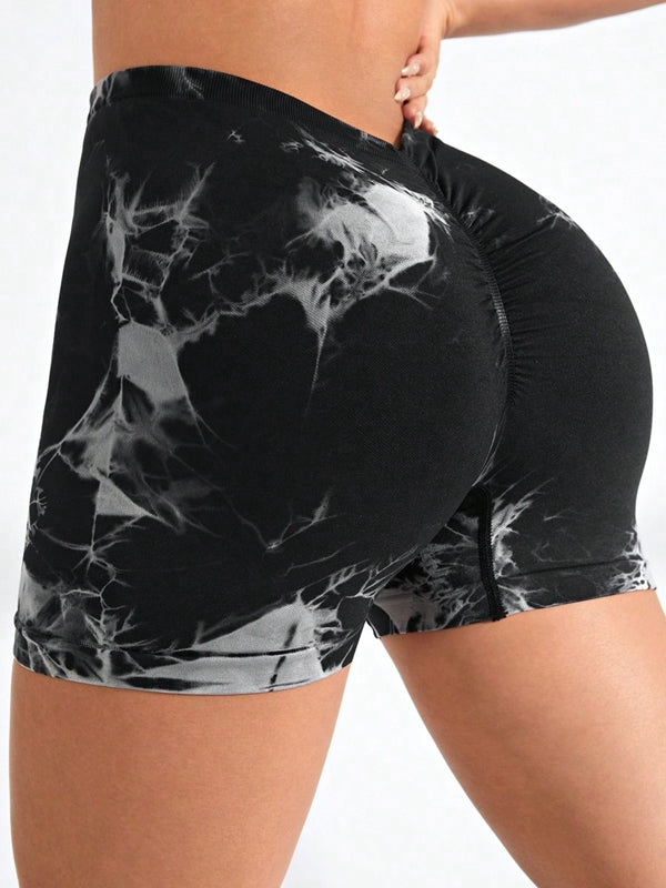 BUYCO Female Modern Tie-dye Deep V Back Ruched Back Spandex Gym Fit Shorts