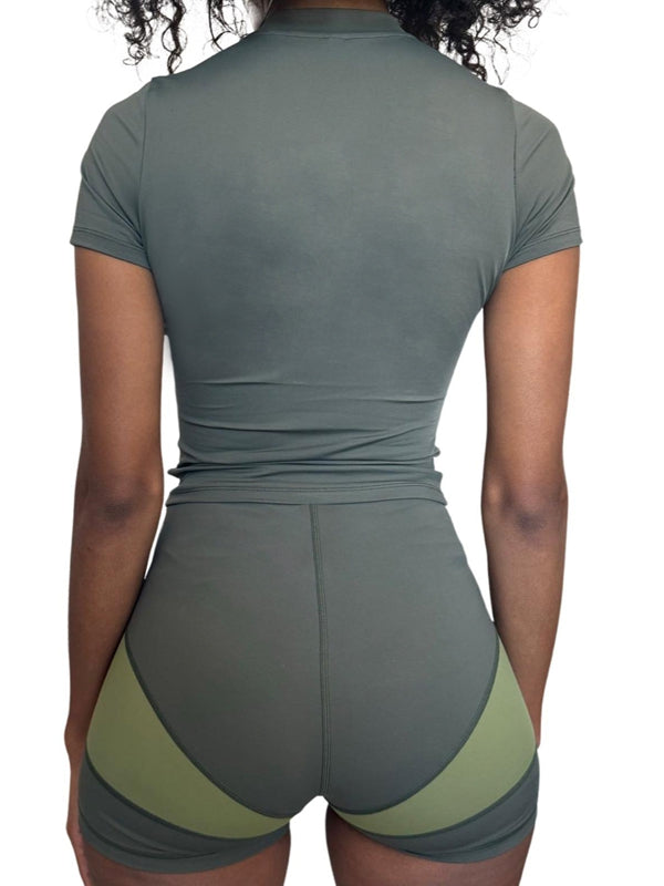 BUYCO Female Contrast Color Zipper Elastic Tight Short Tracksuit