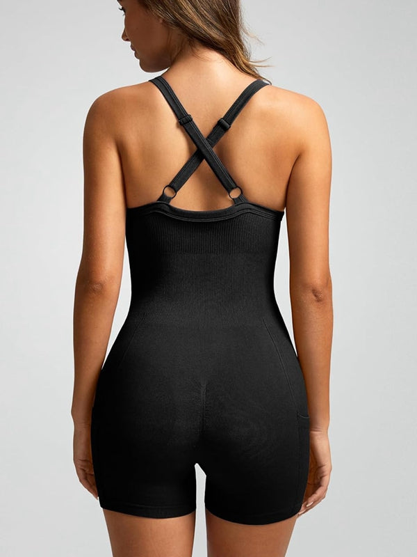 BUYCO Female Ribbed Pocket Cross Back Ruched Back Seamless Romper