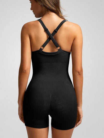 BUYCO Female Ribbed Pocket Cross Back Ruched Back Seamless Romper
