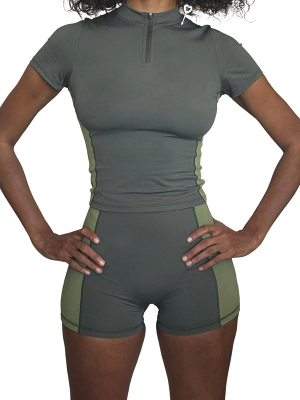 BUYCO Female Contrast Color Zipper Elastic Tight Short Tracksuit