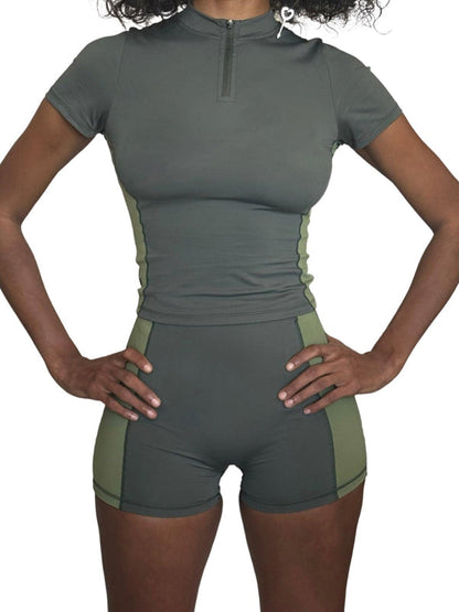 BUYCO Female Contrast Color Zipper Elastic Tight Short Tracksuit
