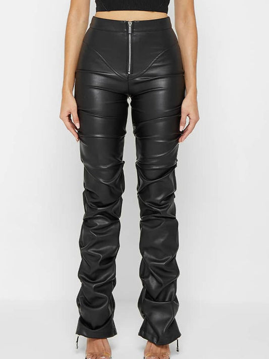 BUYCO Female Faux Leather Folds Zipper Fashion Leggings