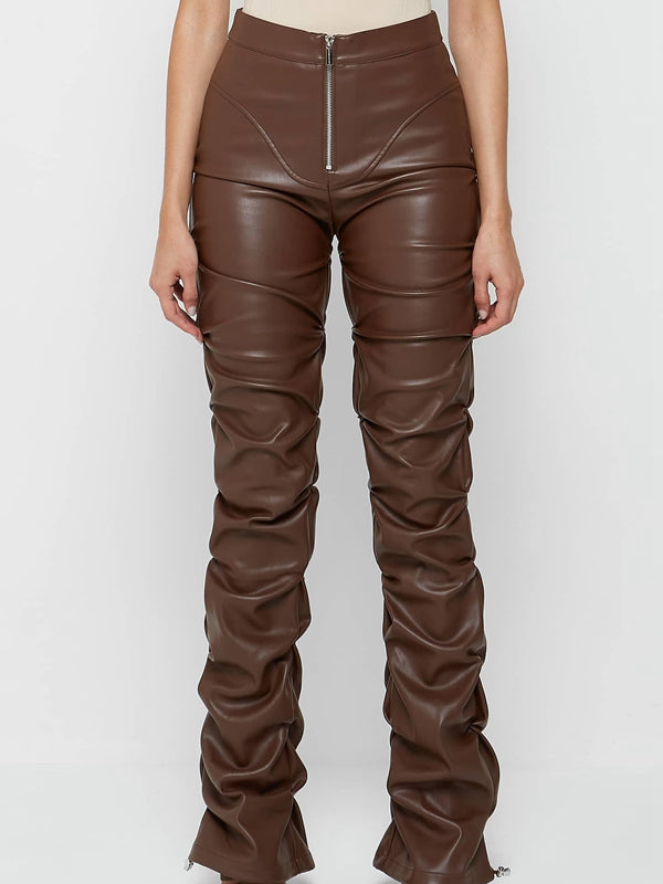 BUYCO Female Faux Leather Folds Zipper Fashion Leggings