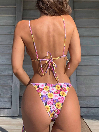 BUYCO Female Fitted Flower Print Lace-up Bikini Set