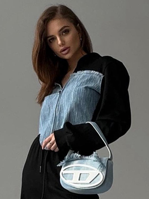 BUYCO Female Contrast Color Denim Zipper Hoodie