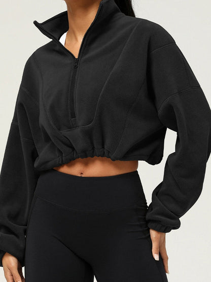 BUYCO Female Fleece Half Zipper Drawstring Cropped Hoodie