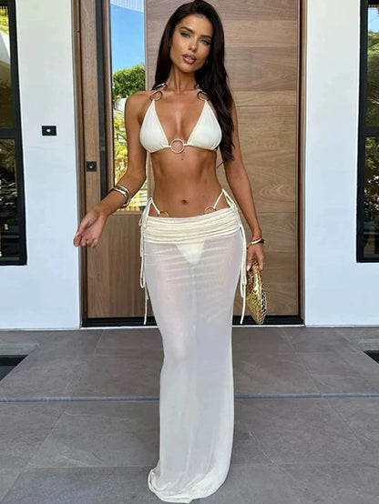 BUYCO Female Solid Color Mesh with Metal Ring 3-Pieces Bikini Set