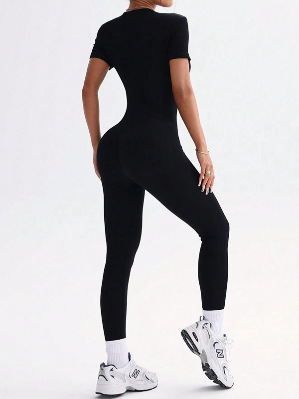 BUYCO Female Ribbed Zipper Short Sleeves Jumpsuit