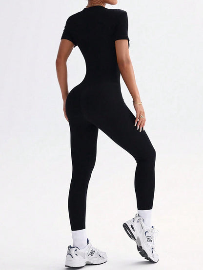 BUYCO Female Ribbed Zipper Short Sleeves Jumpsuit