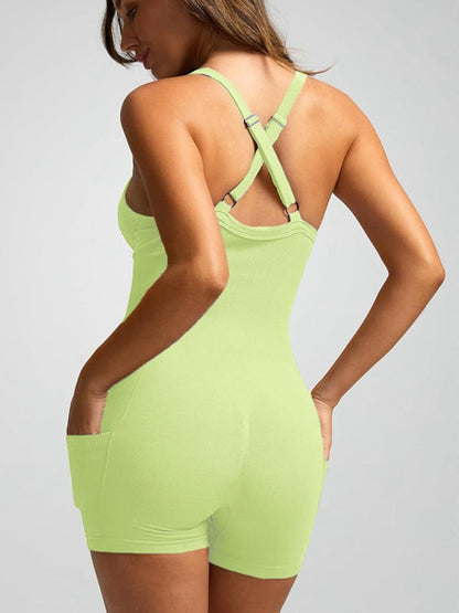 BUYCO Female Ribbed Pocket Cross Back Ruched Back Seamless Romper