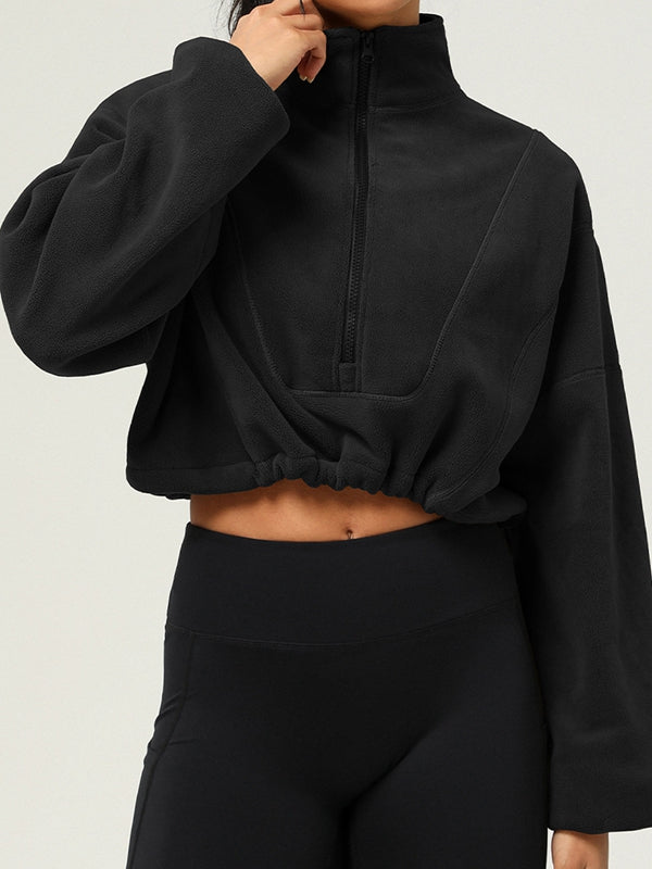 BUYCO Female Fleece Half Zipper Drawstring Cropped Hoodie