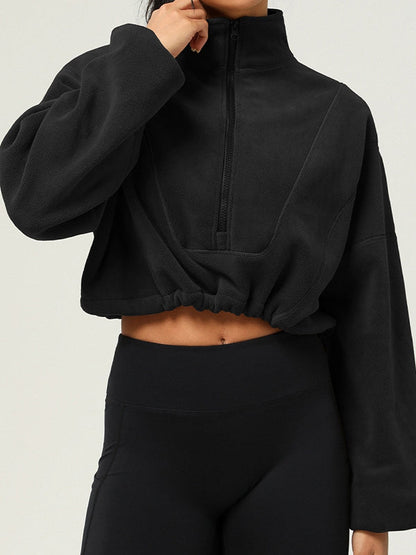 BUYCO Female Fleece Half Zipper Drawstring Cropped Hoodie