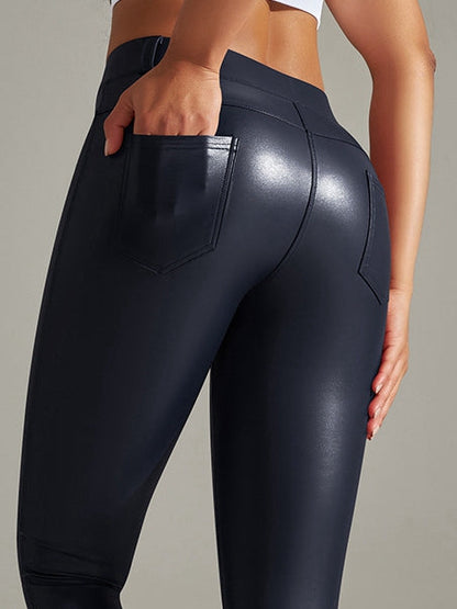 BUYCO Female Pocket PU Faux Leather Leggings
