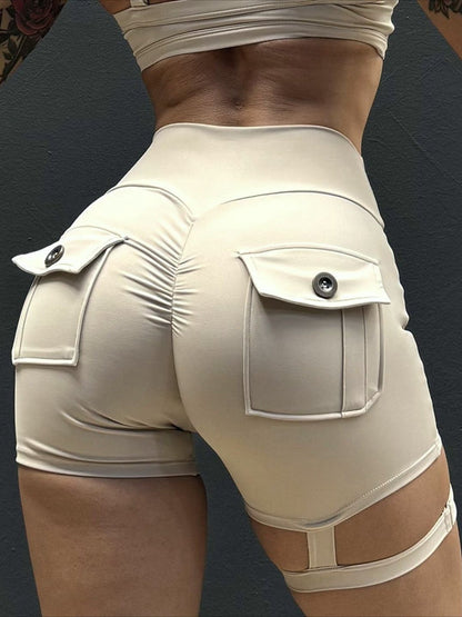 BUYCO Female Unique Cut Out Pocket Ruched Back Spandex Gym Fit Cargo Shorts