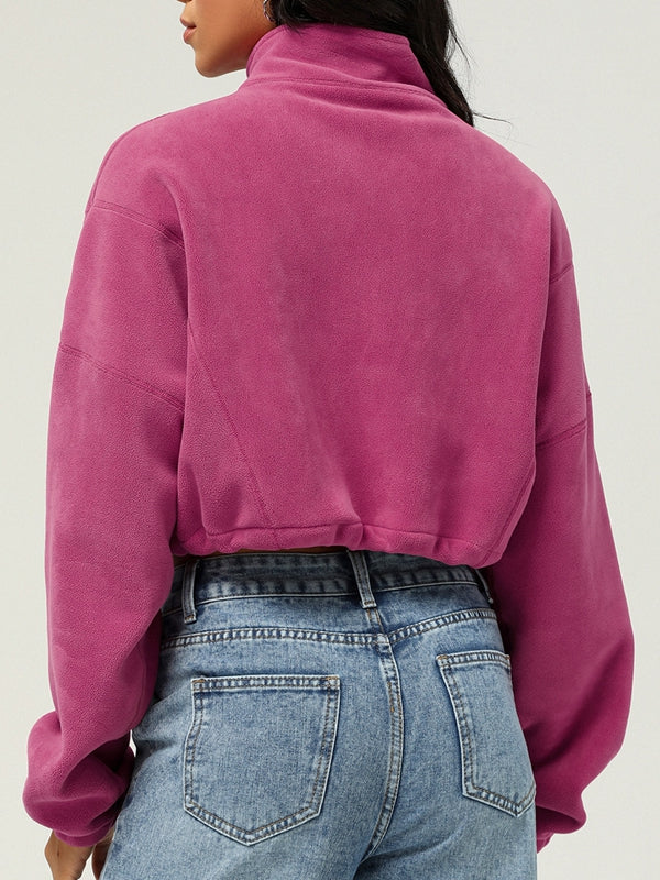 BUYCO Female Fleece Half Zipper Drawstring Cropped Hoodie