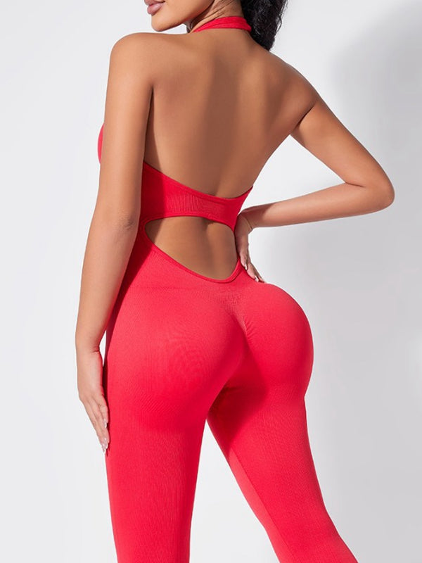 BUYCO Female Ribbed Backless Halter Ruched Back Jumpsuit