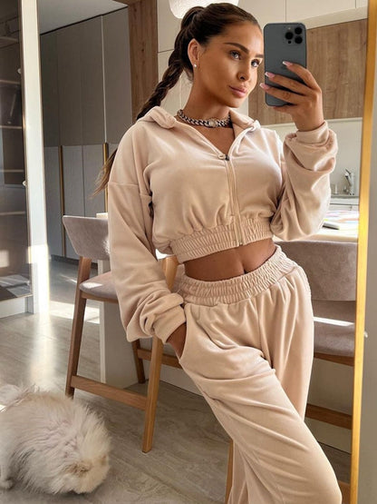 BUYCO Female Velvet Zipper Pocket Hooded Casual Cropped Tracksuit